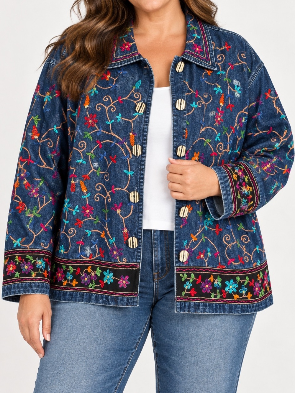Units 2X Embroidered Floral Denim Jacket Boho Vintage Style
